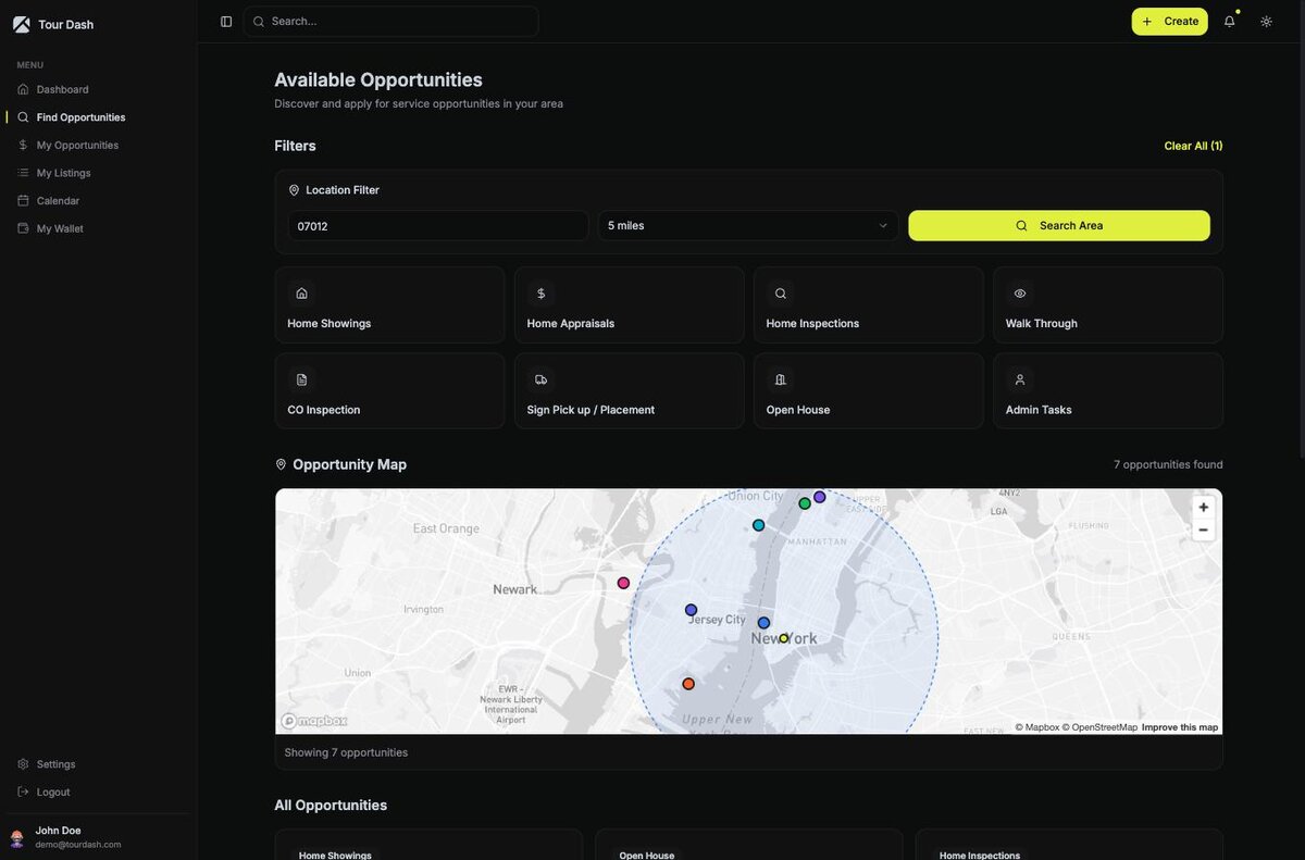 Live Mapbox map with opportunity markers and search radius
